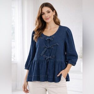Woven Bow-Front Peplum Top - Navy
